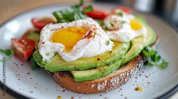 Obraz A delicious slice of whole grain toast topped with fresh avocado slices and two perfectly poached eggs, garnished with herbs, black pepper, and greens for a healthy and appetizing breakfast.

