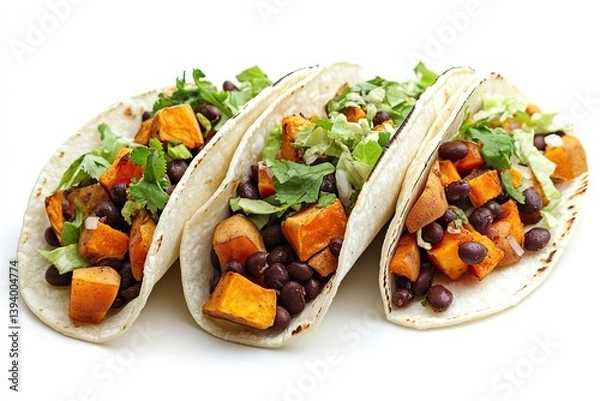 Fototapeta A realistic photo of Sweet Potato and Black Bean Tacos, hyper-realistic, isolated on white