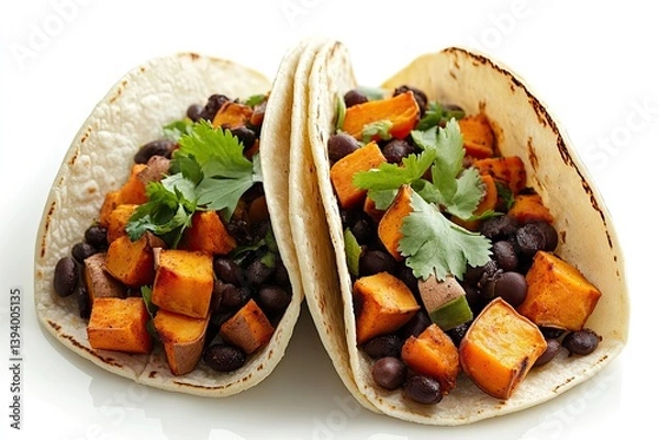 Fototapeta A realistic photo of Sweet Potato and Black Bean Tacos, hyper-realistic, isolated on white