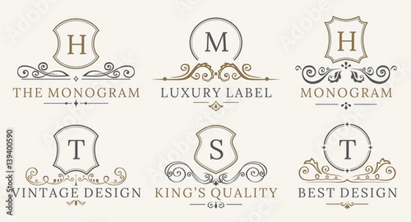 Fototapeta Retro Royal Vintage Shields Logotype set. Vector calligraphyc Luxury logo design elements. Business signs, logos, identity, spa, hotels, badges