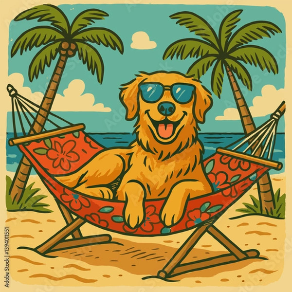 Fototapeta Dog Relaxing in Hammock on Beach with Palm Trees Illustration