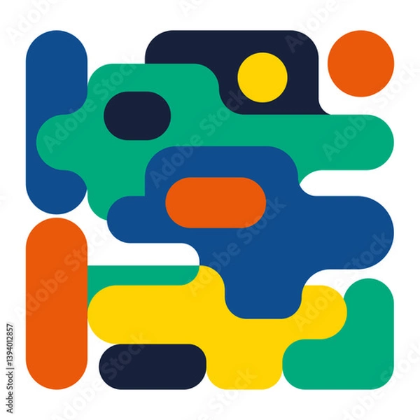Obraz Abstract vector composition of colorful geometric shapes in blue, green, orange, yellow, and black with rounded forms and overlapping patterns on a white background