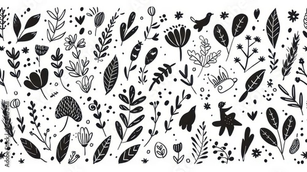 Fototapeta A monochrome illustration of various plants and flowers in a decorative pattern.