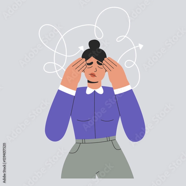 Fototapeta Sad woman feels frustration, confusion and anxiety. Female with mental disorder and ADHD problems holding her head with hands, fatigue, burnout feeling, overload in mind, vector isolated illustration