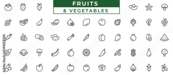Fototapeta Fruits and vegetables thin line web icon set. Outline simple vector icons collection