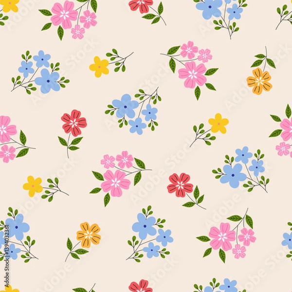 Fototapeta Seamless pattern with beautiful flower blossom garden on cream color background. Cute hand drawn floral pattern for your fabric, summer background, wallpaper, textile.