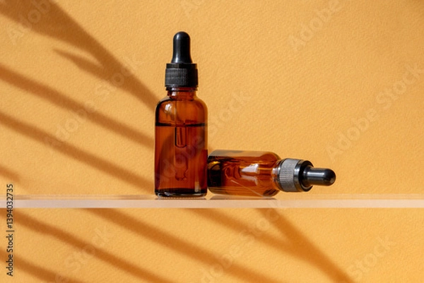 Obraz Two Unbranded bottles with pipette on glass shelf. Transparent container made of amber glass with oil for body and hair. Display sample on on a brown background in the sunlight. Mockup style design.