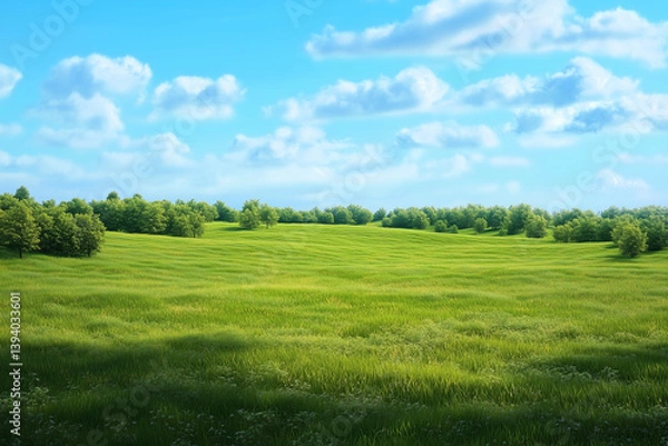 Fototapeta A hyper-realistic view of a summer field, stretching endlessly with soft green grass, clusters of oak and pine trees, and a vibrant blue sky.