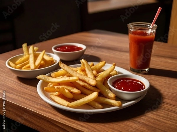 Fototapeta french fries with ketchup and tomato juice.