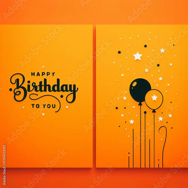 Fototapeta Bright Orange Birthday Card Design with Balloons, Stars, and Elegant "Happy Birthday to You" Typography