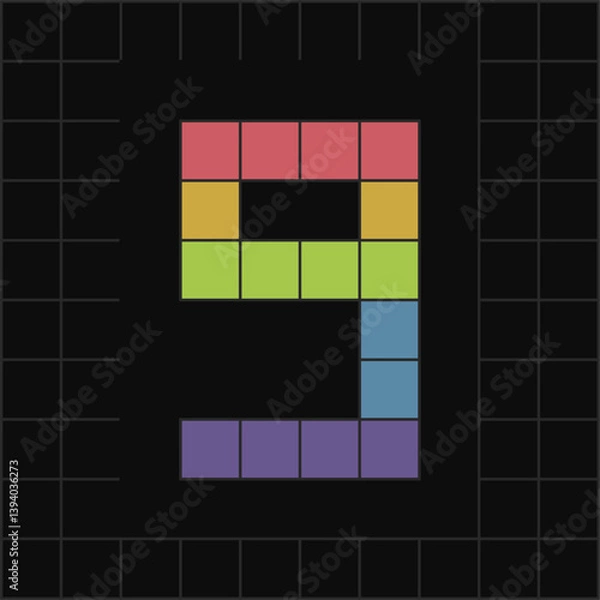 Fototapeta Colorful Pixel Art Number 9 on Black Grid Background