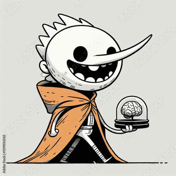 Fototapeta Playful Cartoon Character with Long Nose Holding a Brain in a Glass Dome – Surreal and Quirky Digital Artwork