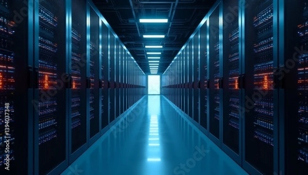 Obraz Shot of Corridor in Working Data Center Full of Rack Servers and Supercomputers with Internet connection Visualisation Projection