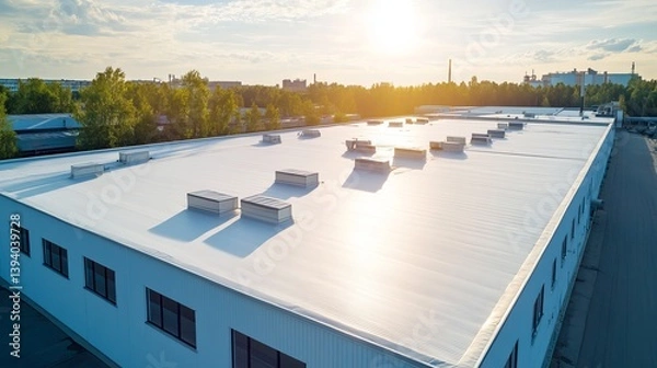 Obraz Aerial view of a large white commercial building with a flat roof and vents under a bright sunny sky
