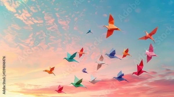 Fototapeta A vibrant display of colorful origami birds soaring against a pastel sky at sunset.