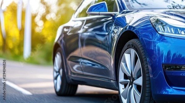 Obraz Sleek Blue Electric Car Driving on a Sunny Roadside with Wind Turbines in the Background