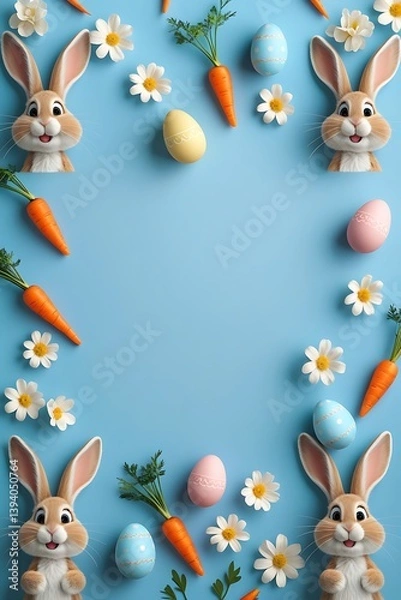Obraz Playful Easter Background with Bunny Faces, Colorful Eggs, Carrots, and White Daisies on Blue Backdrop - Perfect for Festive Holiday Designs and Invitations