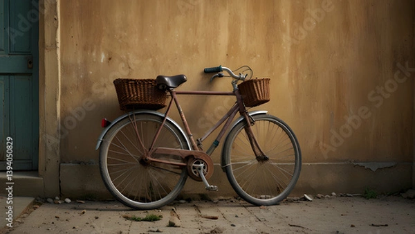 Fototapeta Rustic Serenity A Nostalgic Bicycle Against a Textured Wall