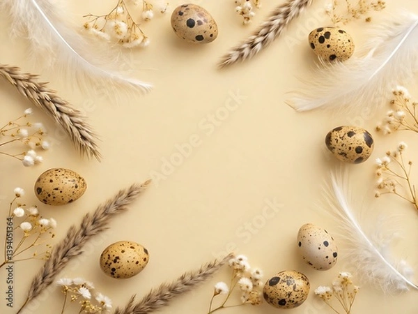 Obraz Quail Eggs, Feathers, and Wheat Flat Lay - Rustic Beige Background with Natural Elements for Organic Spring, Easter, and Decorative Design Themes