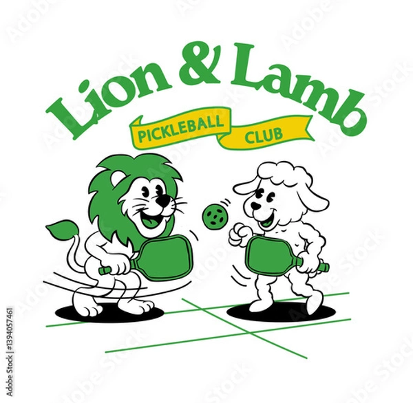 Obraz Lion and Lamb Cartoon playing pickle paddle illustration