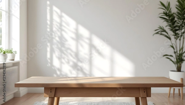 Obraz Wooden table, empty table, living room background. Minimalist style room. Modern home, Scandinavian, warm simple interior. Minimal room. sunlight, wooden floor,white wall, beige wall. good for key up.