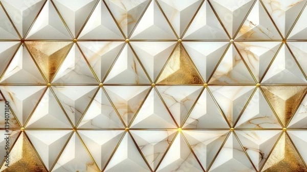 Obraz A geometric pattern featuring pyramidal shapes in white and gold tones with a marble background.