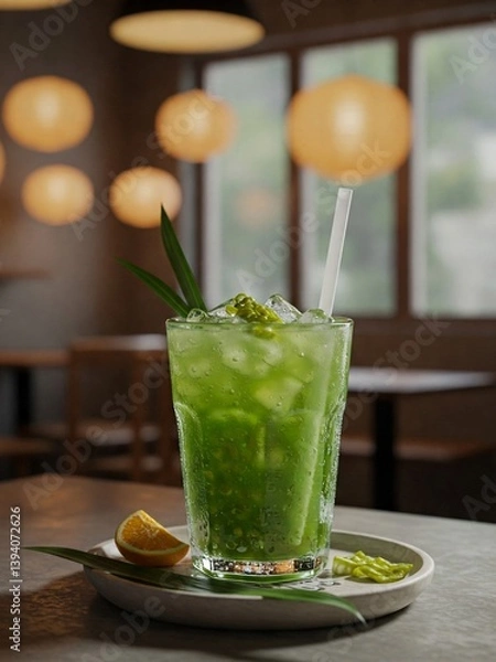 Obraz A specialty drink flavored with Thai perfume on wooden table by the window of modern cafe decorated with paper lanterns