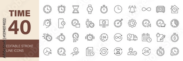 Fototapeta Time icon set. Containing timer, alarm, clock, schedule, hourglass, wristwatch, stopwatch, date, calendar, time management and more. Editable line icons. Vector illustration.