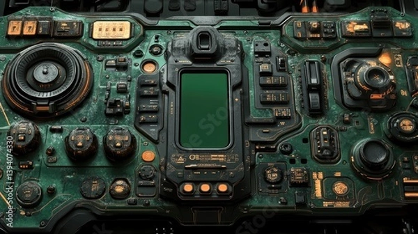 Obraz Futuristic control panel interface displaying green screen in spacecraft, complex circuit background