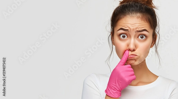 Fototapeta ピンクの手袋が語る不快感：若い女性の表情