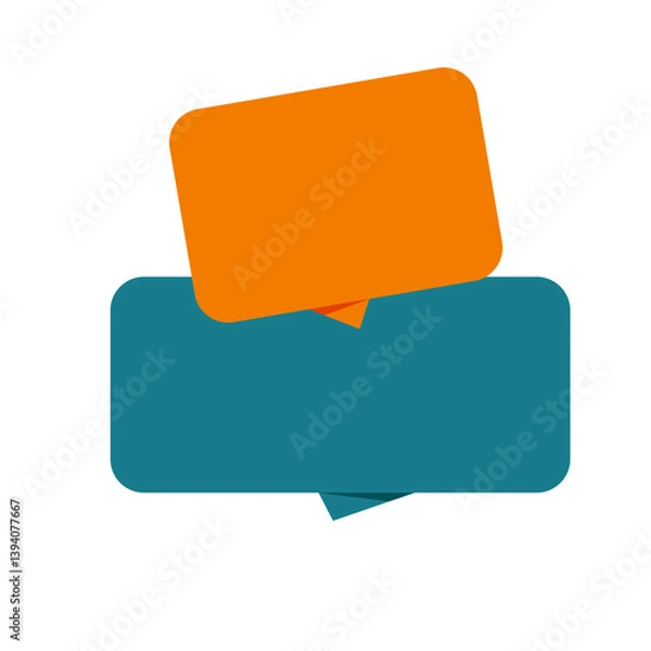 Fototapeta blank speech bubble icon with overlapping teal and orange rectangles, flat vector template for custom text or marketing message