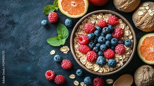 Fototapeta Fresh Berries and Oats in a Rustic Bowl Surrounded by Fruits on a Dark Background