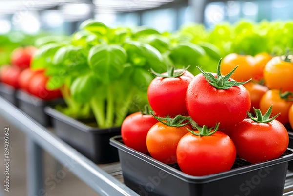 Fototapeta Ripe red tomatoes and fresh basil in greenhouse containers