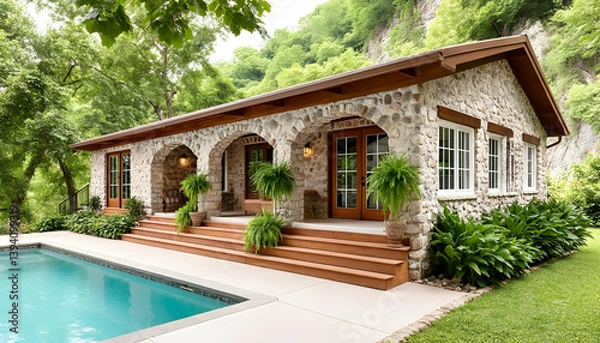 Fototapeta Stone guesthouse with pool, nestled in lush greenery