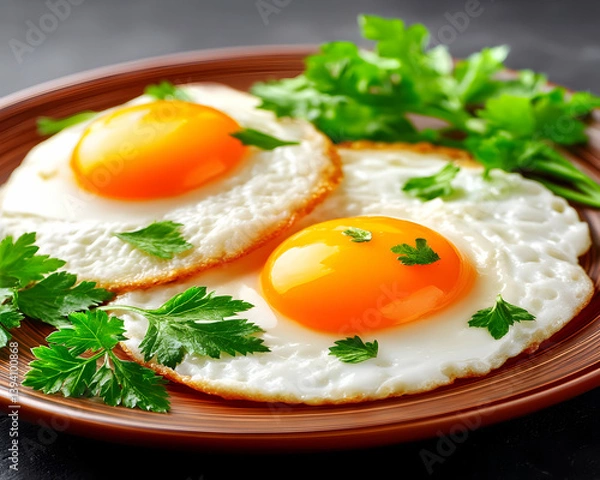 Fototapeta Two sunny-side up eggs on a plate, garnished with parsley