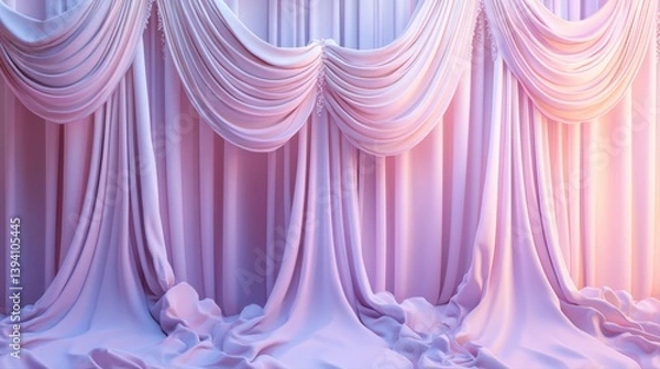 Fototapeta Soft 3D theatre curtain in lavender, set against a pastel-colored backdrop of pale pink 