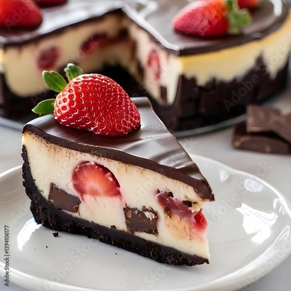 Obraz A chocolate strawberry swirl cheesecake slice has a thick, dark chocolate cookie crust base, a creamy white cheesecake filling with dark chocolate chunks with strawberries.