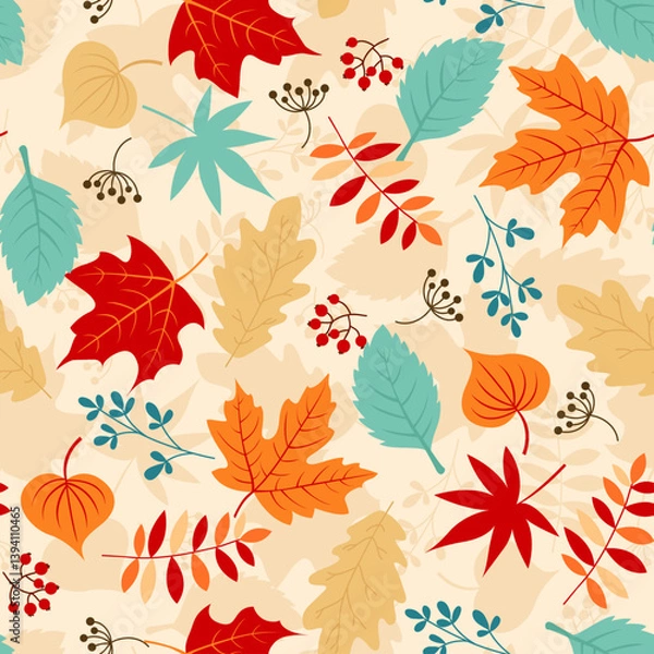 Fototapeta A vector set of colorful autumn leaves in various shapes and sizes, showcasing the beauty of fall foliage.