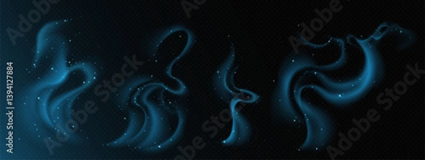 Fototapeta Magic smoke stars set isolated on transparent background. Vector realistic illustration of neon blue mist swirls, snow or stars sparkling in night sky clouds, galaxy nebula, mysterious light effect
