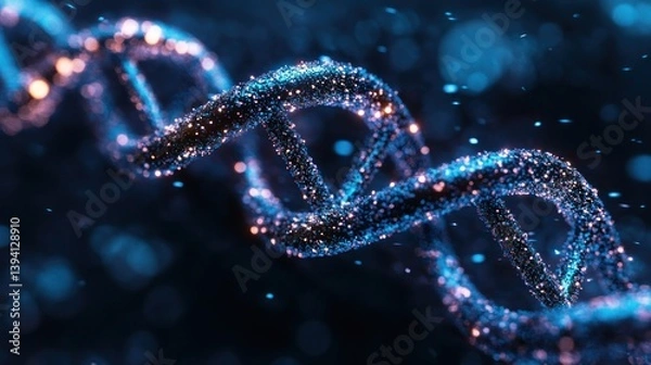Fototapeta DNA double helix, glowing particles, dark background