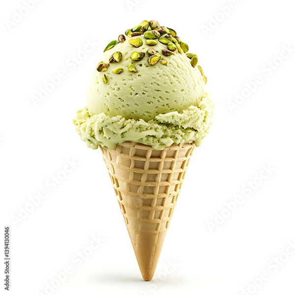 Obraz Rich and creamy pistachio ice cream with a smooth texture and nutty flavor, isolated white background, hyperrealism art style