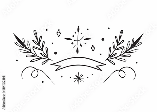 Fototapeta Hand drawn frames and banners. Classic calligraphy swirls, swashes, floral motifs. Snowflakes, Christmas balls, gift box, winter branches in sketch style. Hand drawn vector illustration