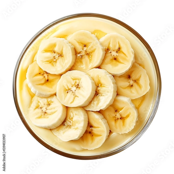 Fototapeta Smooth and creamy banana pudding with a rich, velvety texture and sliced bananas on top, isolated white background