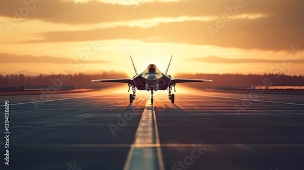 Fototapeta F-35 fighter jet on the runway, with soft sunset light