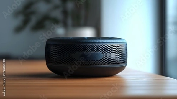 Obraz Smart Home Device with Grid Pattern Design on Wooden Table Ambient Lighting