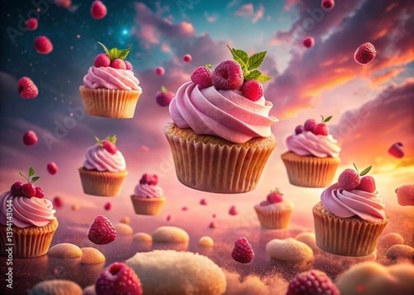Fototapeta Dreamy Pink Raspberry Cupcakes Surreal Dessert Photography Captures Delicate Flavors and Vibrant Colors
