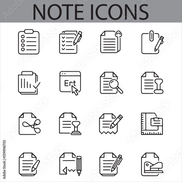 Fototapeta Icon Collection of 16 Notes and Document Designs – Checklists, Writing, and Stamp Symbols