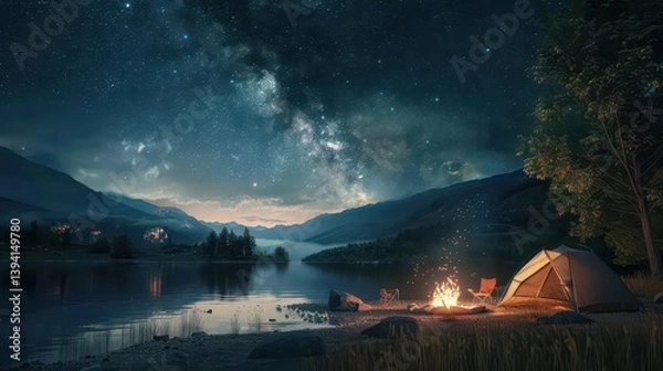 Obraz A serene camping scene by a lake under a starry sky with a glowing campfire.