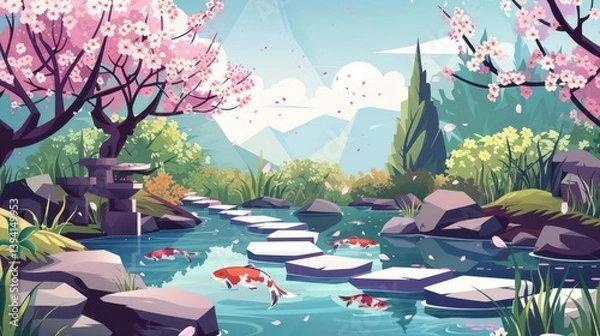 Obraz A serene landscape featuring a pond with koi fish, cherry blossoms, and stepping stones.
