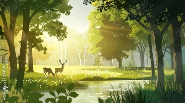 Obraz A serene landscape featuring deer by a tranquil stream in a sunlit forest.